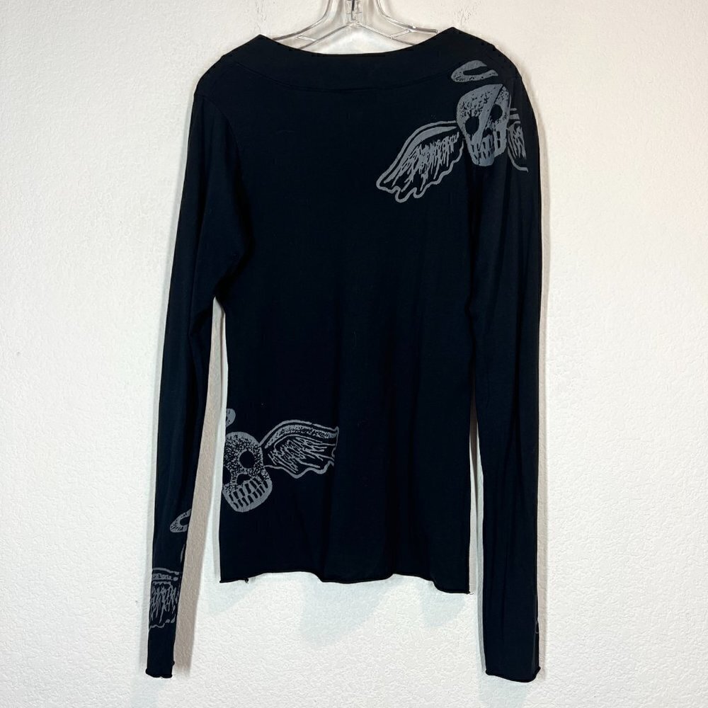 Vintage T-shirt Top Y2K Black Skull Rhinestone Long Sleeve Medium - Picture 4 of 9